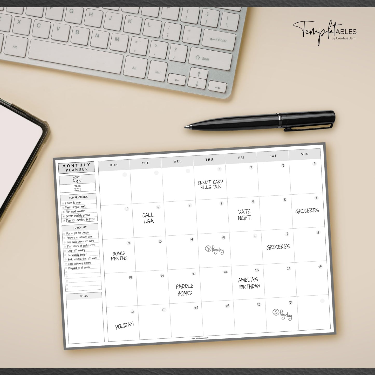 Templatables Monthly To Do List Notepad | Monthly Planner Desk Pad, Brain Dump, Organizer and Priority List | 50 Undated Tear Away Sheets | A4 (Mono)