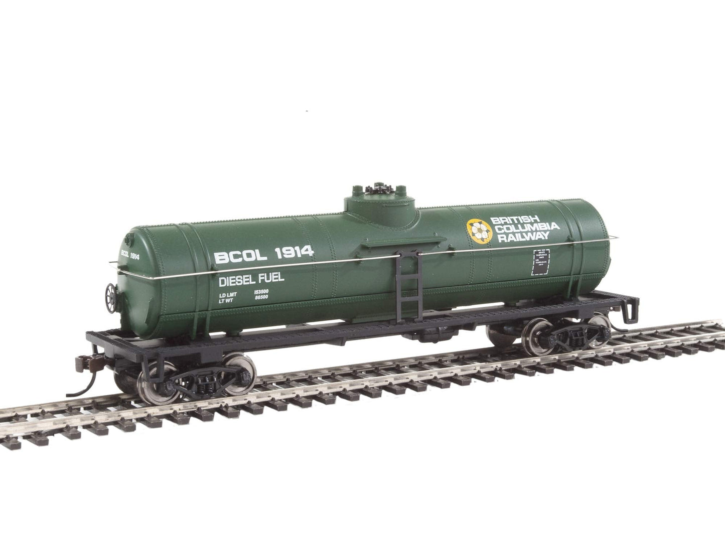 Walthers Trainline Tank Car-Ready to Run-British Columbia Railway (Green, Yellow, White; Dogwood Logo) 931-1441 HO Scale Model Railroad - Freight Model