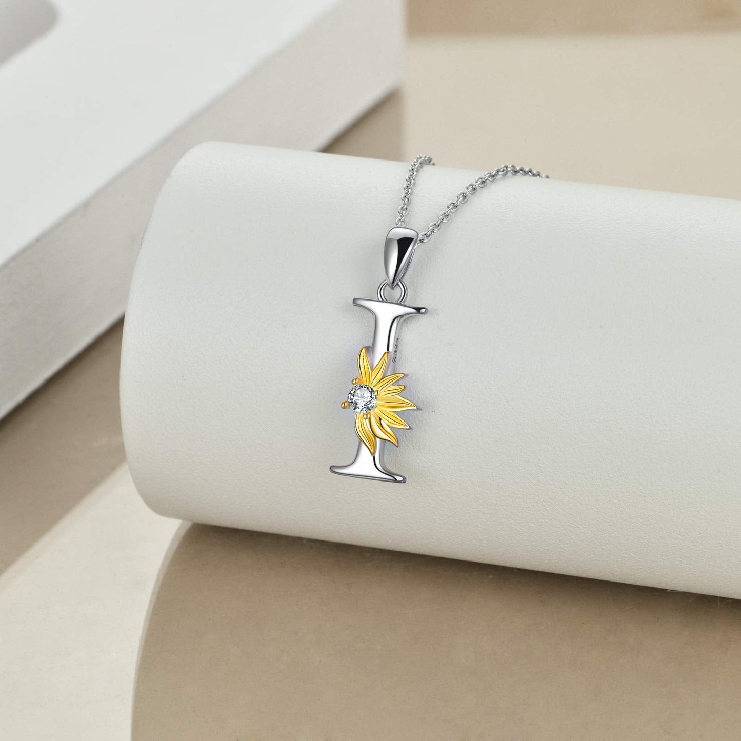 POPLYKE Sterling Silver Initial Alphabet Letter Script Name Pendant Chain Necklace for Women for (Sunflower I)