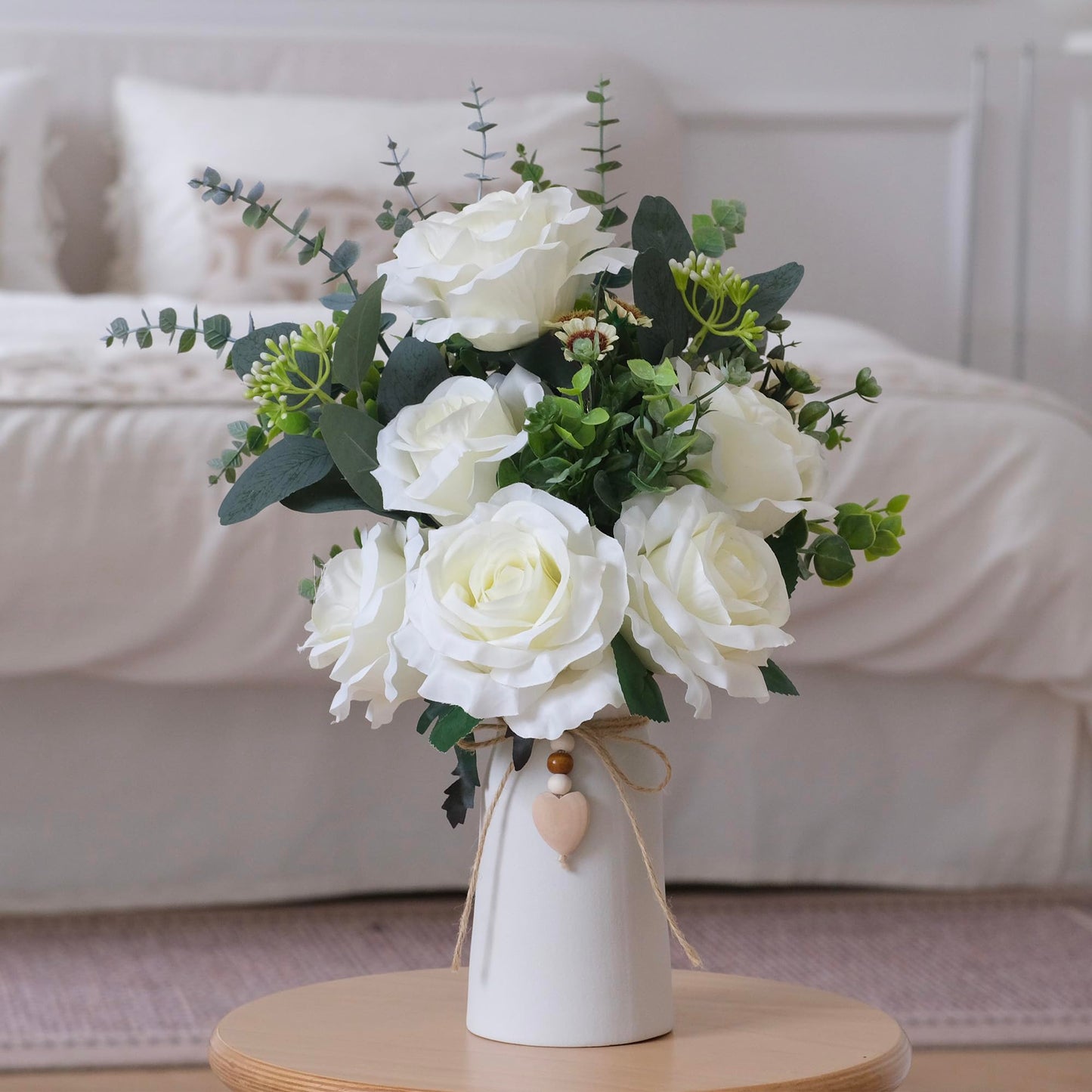 Artificial Rose Flower Arrangement in 6'' White Ceramic Vase with Heart Charm Décor, Flower Arrangement with Eucalyptus Stems and Greenery, Rustic Farmhouse Table Centerpiece, 14"H x 9’’W