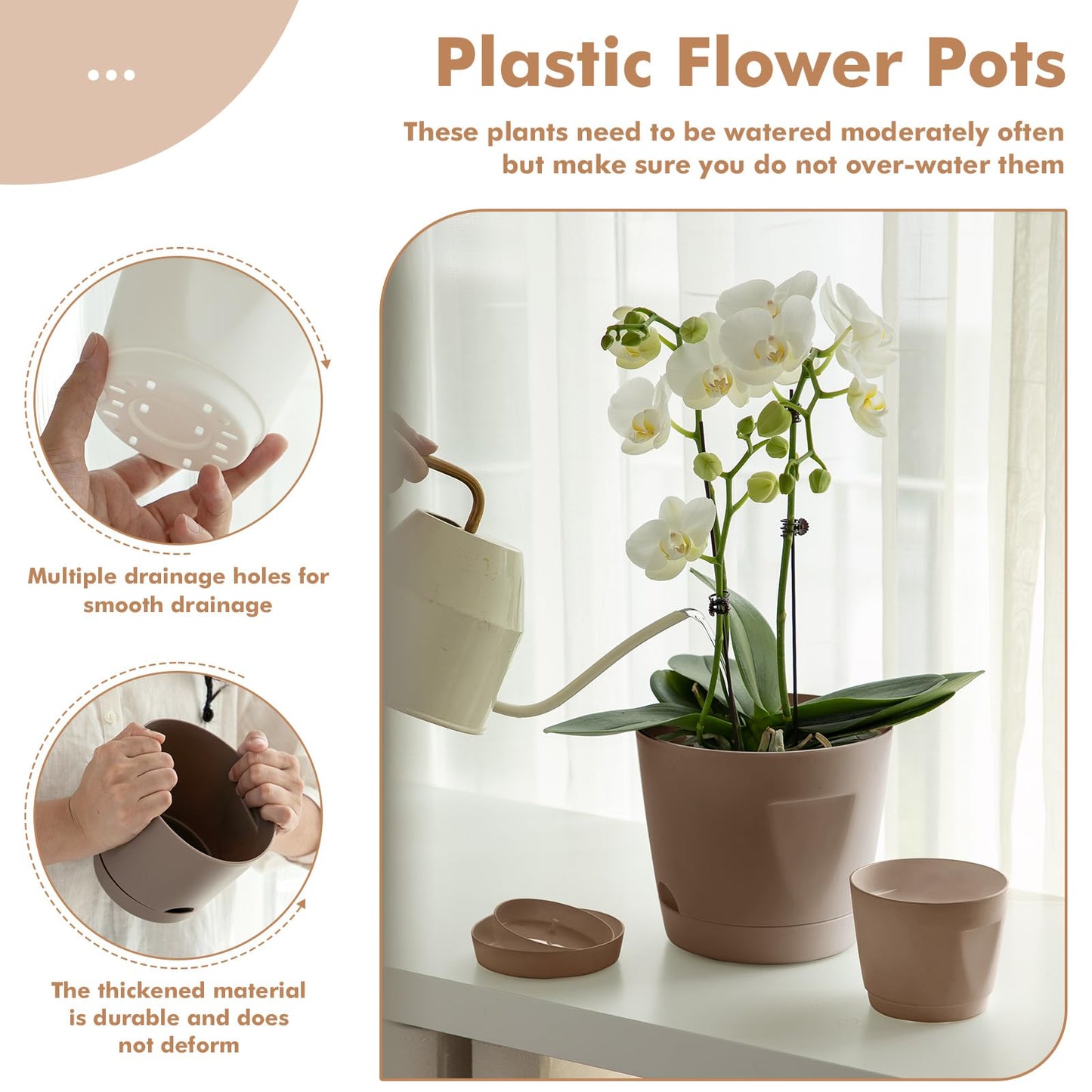KvyusFlourish 5 Pack 4/5/6/7/8 Inch Plant Pots with Drainage Holes and Saucers Plastic Flower Pots for Indoor Plants Garden Planters Modern Houseplant Pots, Chocolate, Mixed Set