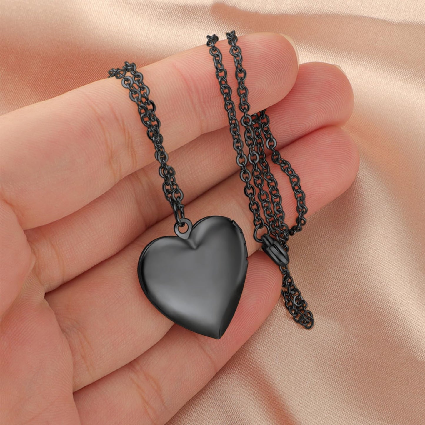 PHOCKSIN Black Glossy Personalized Heart Locket Necklace Custom Photo Locket Necklace for Women Picture Locket Pendant Necklace Text & Symbols Engraved Customized Lockets for Women