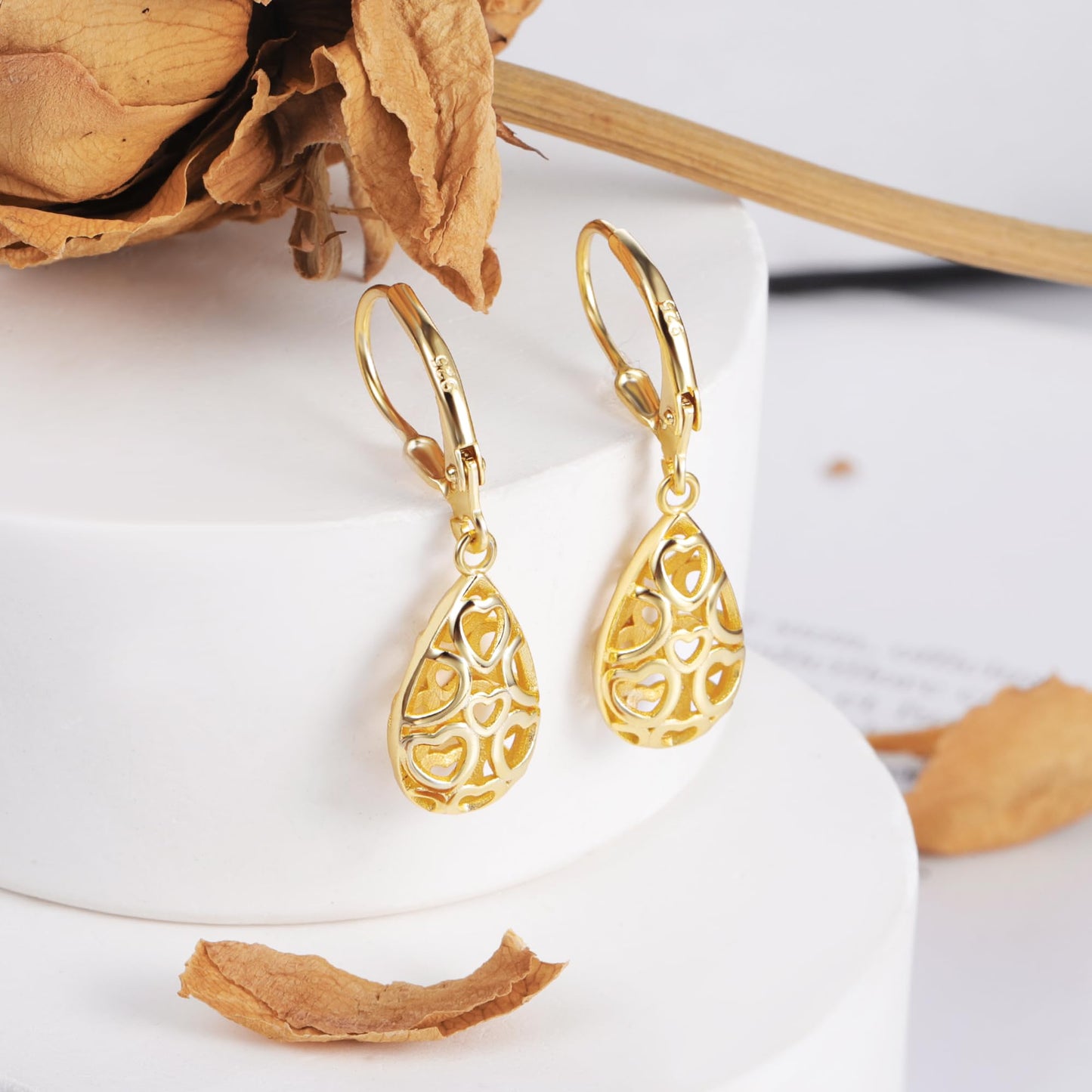 14K Gold Teardrop Dangle Earrings for Women Sterling Silver Tear drop Leverback Earrings Hypoallergenic Sterling Silver Filigree Earing