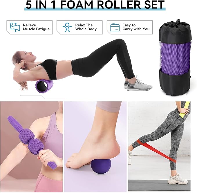 5 in 1 Foam Roller Set, Trigger Point Back Roller, Muscle Roller Stick, Massage Ball, Massage Roller, Resistance Band for Deep Tissue Massage Fitness Exercise Yoga Pilates(Purple)
