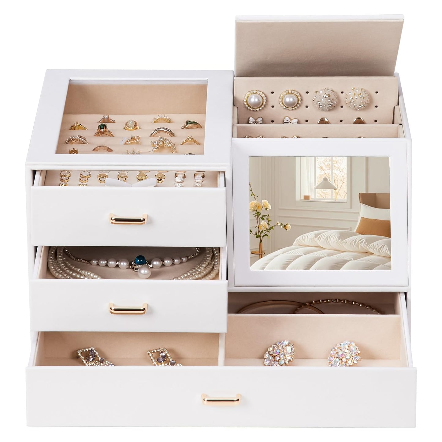 Homde Women Mirror Jewelry Box: Organizer Case with Clear Lid for Ring Necklace Earring - Gift for Young Women (White)