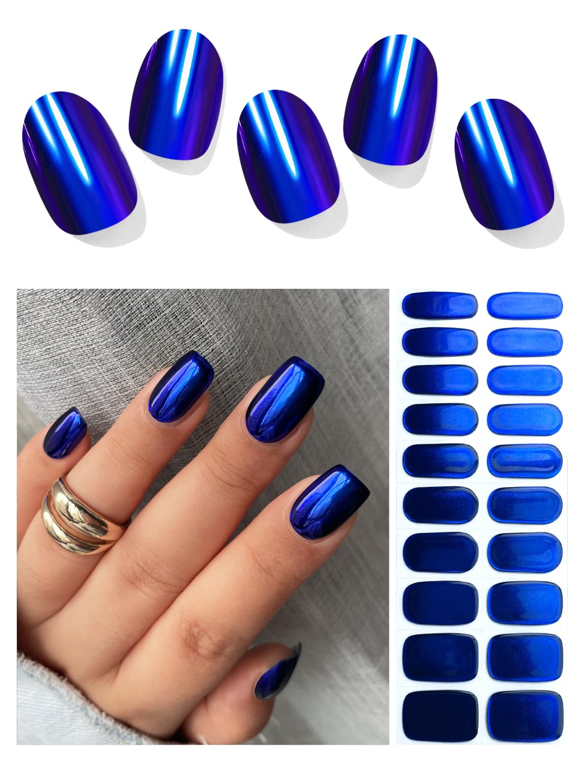 AutyaMee Semi Cured Gel Nail Strips (Blue Mirror), Chrome, 20 Pcs Gel Nail Wraps, Stickers, Salon Quality, Long Lasting, Works with Any UV Lamps