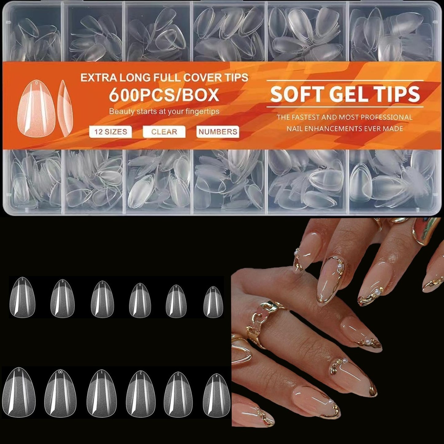 Short Almond Nail Tips, 600pcs Soft Nail Gel Tips Pre-Shaped Acrylic Fake Nails, Half Matte Full Cover Clear Jelly Press on False Nail Tips for Extension Nail Manicure Home DIY 12 Sizes for Women