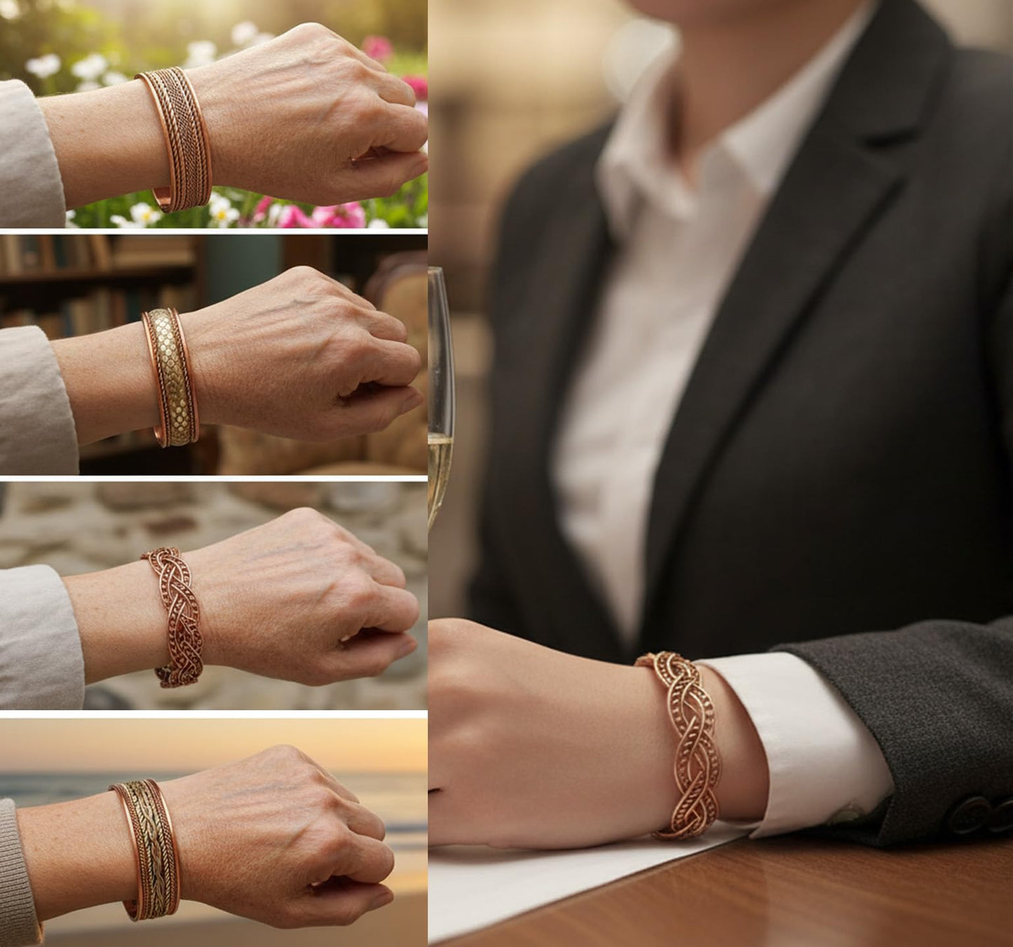 Touchstone copper bracelets | gift for men women |adjustable 100% pure solid real magnetic jewelry | handmade bracelet set combo | rope braided tibetan bangles. Set of 4 different designs
