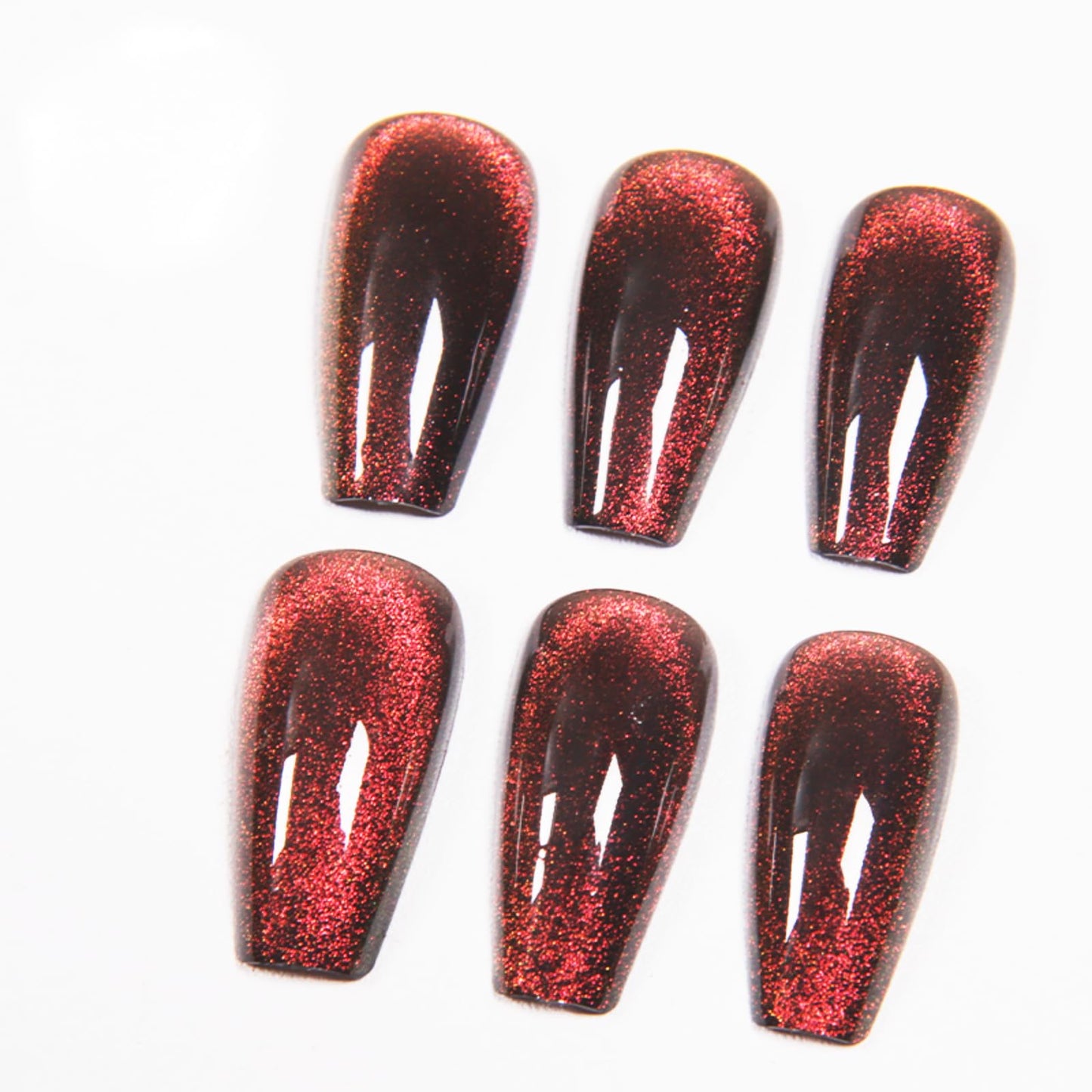 Gentle Claws Press On Nails - Dark Maroon | Dark Red Glitter Velvet, Medium Coffin Squared With Cat Eye Design for Women and Girls, 24 Pcs Reusable Red Fake Nails