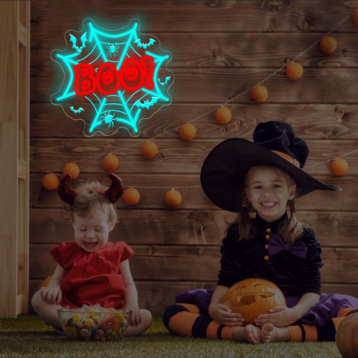 Boo Neon Sign Halloween Decors Spider Web LED Light Bats Decors Boo Dripping Sign Spooky Haunted House Party Wall Art, Ice Blue+Red, 13.8"x13.2"