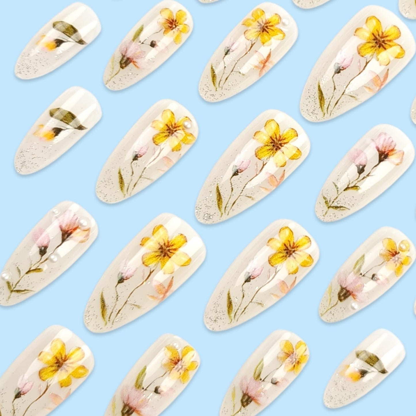 Almond Press on Nails Medium Fake Nails Nude False Nails Floral Artificial Nails with Pearl Designs Summer HandmadeNails Flowers Stick on Nails for Women 24pcs