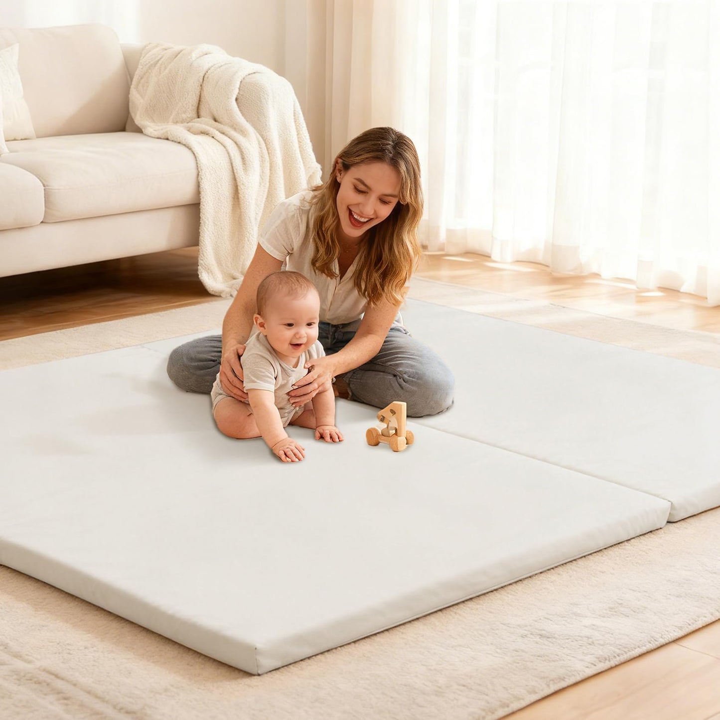 Bootuu Baby Play Mat for Floor 1.4" Thick Memory Foam 50x50 Playpen Mat for Toddlers Infant Kids with Non-Slip Backing Safe for Crawling, Water-Repellent Leather for Tummy Time, Tatami Style(Grey)