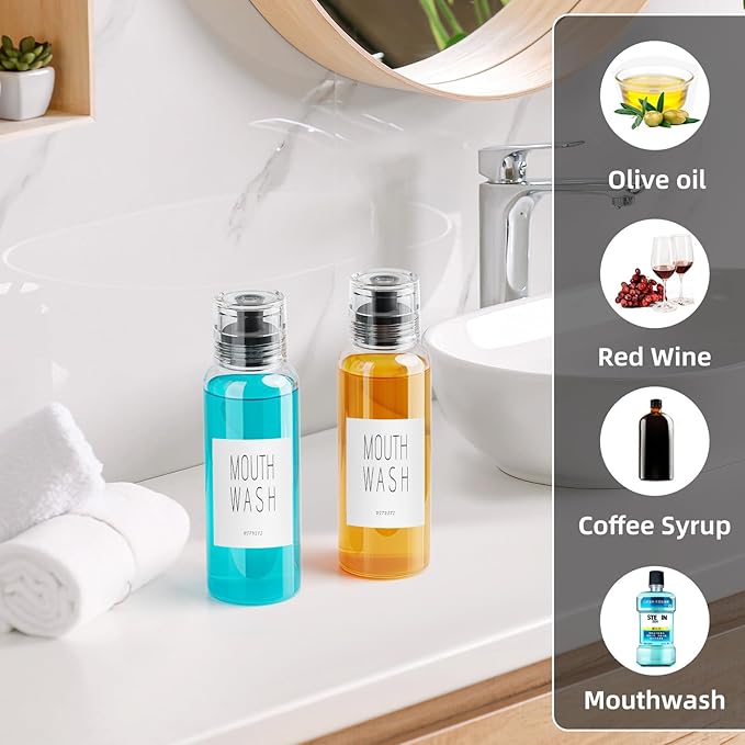 VITVITI Glass Mouthwash Dispenser for Bathroom, 10 OZ Mouth Wash Container Bottle with Lid Cup, Countertop Small Clear Refillable Mouthwash Dispensers Decanter (Black)