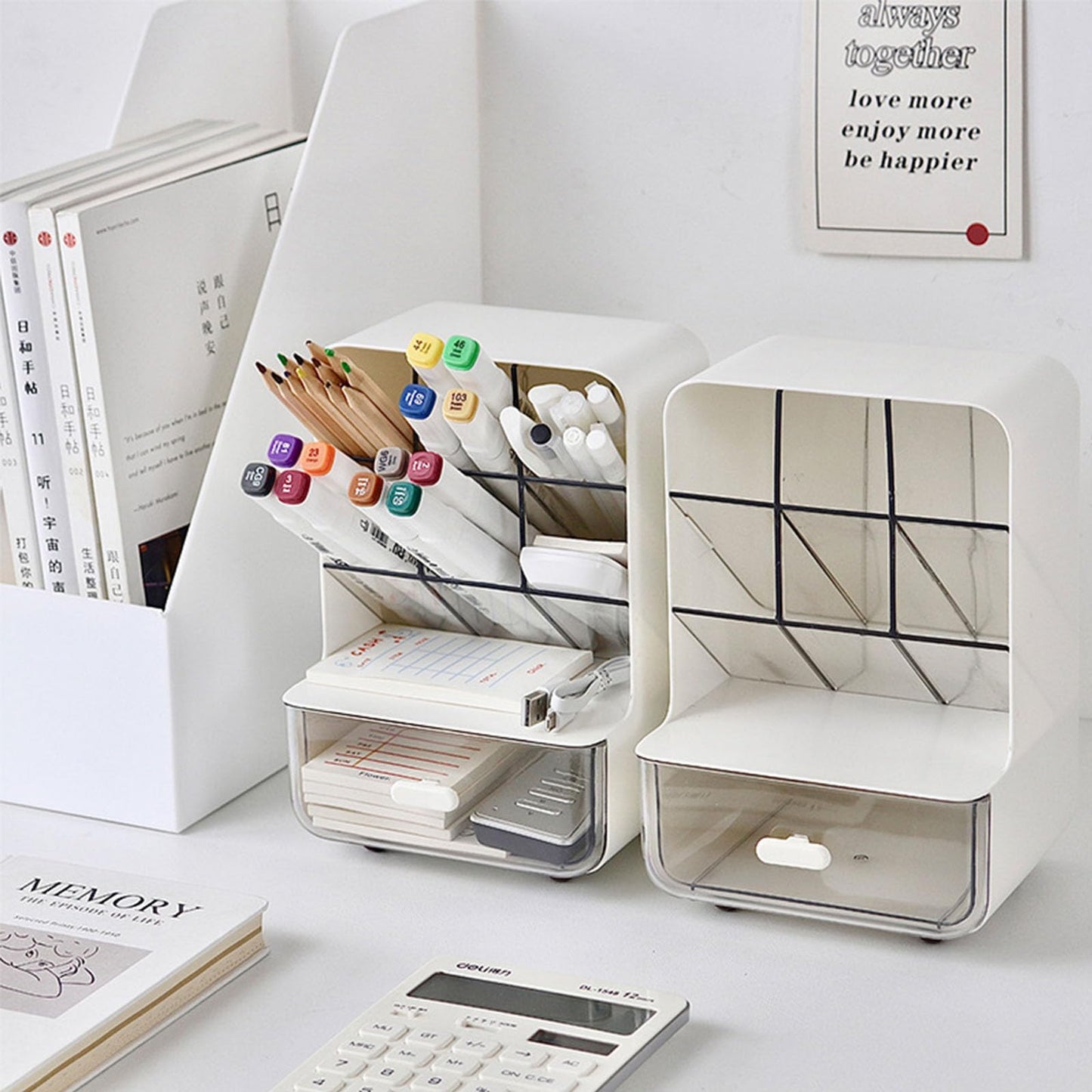 Pen Organizer for Desk, Desk Organizer with Drawer, Multi-Functional Pencil Holder with 6 Compartments and 1 Drawer Organization Storage Accessories for Office Home School Workspace (White)