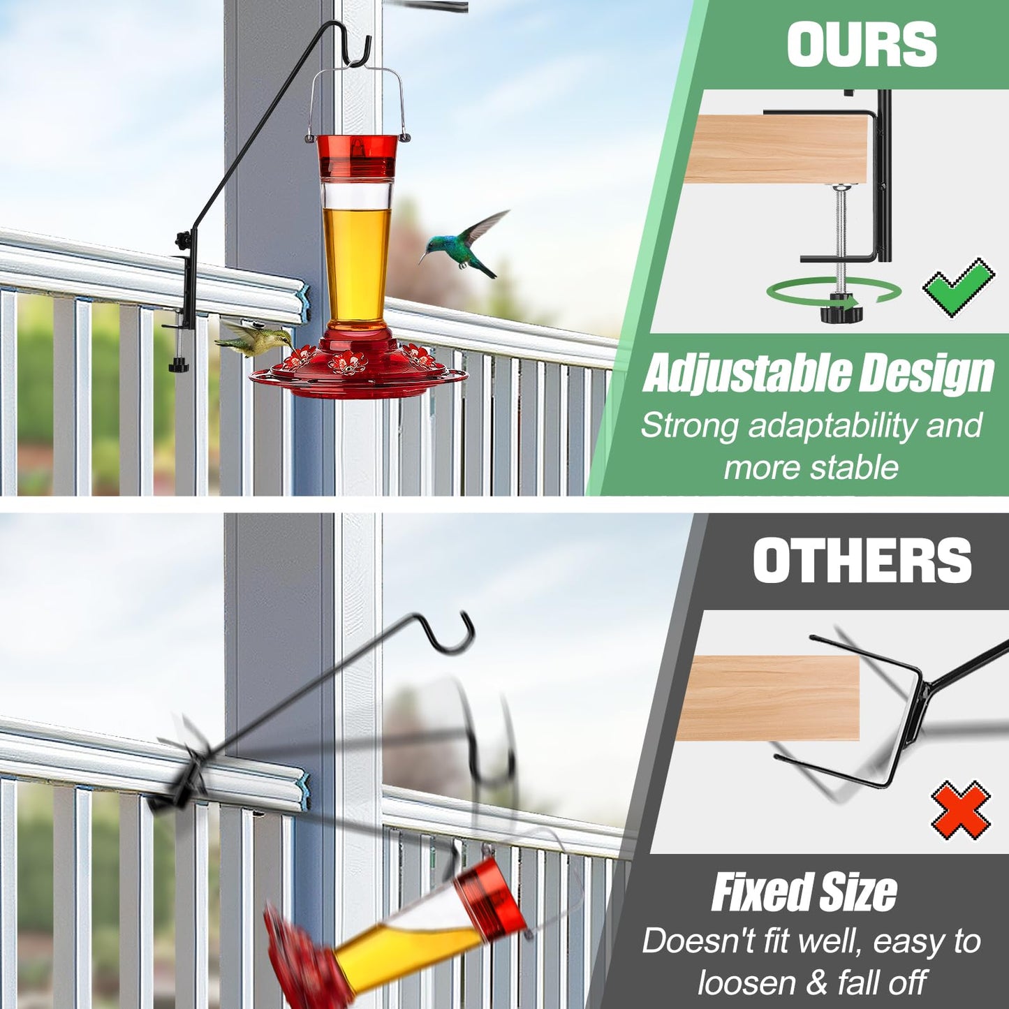 Biubee Deck Bird Feeder Hanger for Failing- 2Pack Heavy Duty Steel Stable Deck Railing Plant Hanger Outdoor, with Adjustable 3.1" Clamp, Deck Hook for Bird Feeder Plant Hangers Lanterns, 13.8 Inches