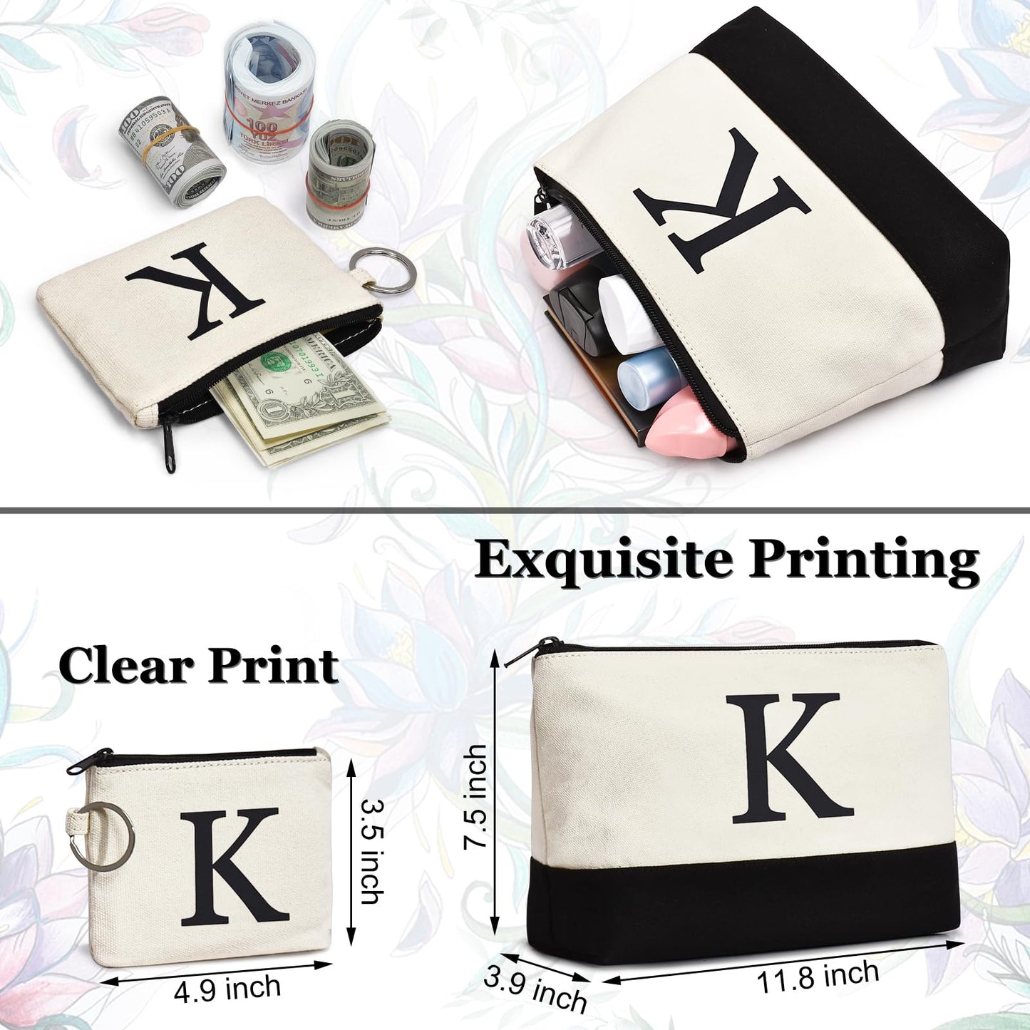 GASSDA Initial Canvas Tote Bag, Birthday Gifts For Women, Monogram Personalized Gifts For Women Mom Teachers Bridesmaids (K 3PCS)