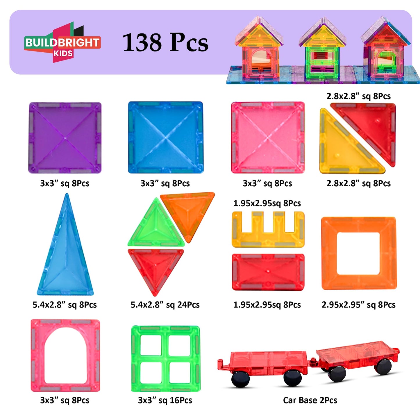 Buildbright kids Magnetic Building Tiles 138 pcs with Storage Organizer & Play Mat – Montessori STEM Educational Construction Blocks, Creative Learning Toys for Kids