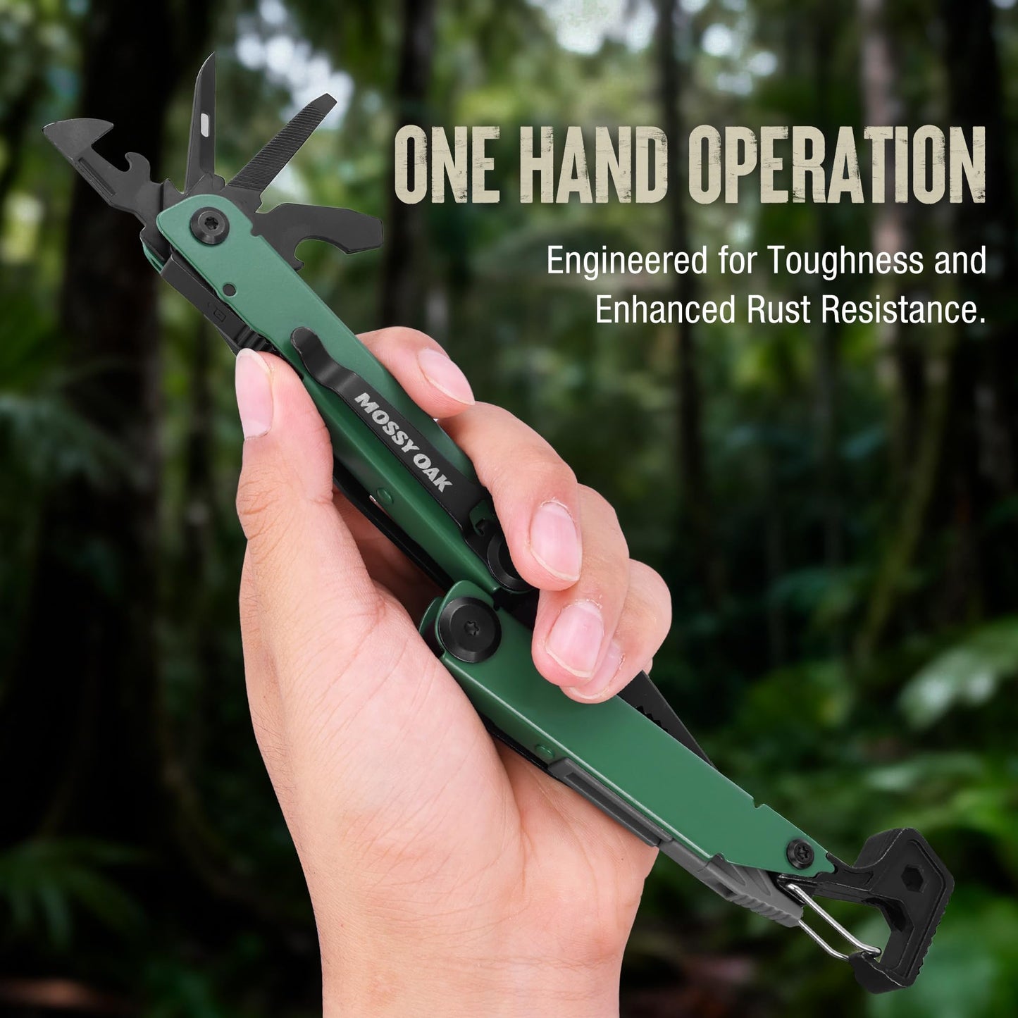 MOSSY OAK CNC-Machined Multitool Pliers, 27-in-1 Multi Tool with Pocket Knife, Fire Starter & Whistle, Bottle Opener, Screwdriver – Self-Locking Survival Tool for Camping & Hiking