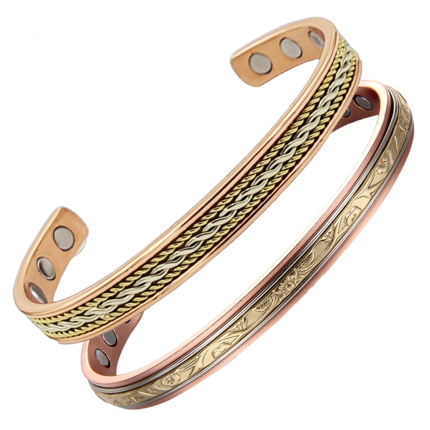 Earth Therapy Original Rope Inlay and Fleur D'OR Pure Copper Magnetic Cuff Bracelets - Ultra Strength - Adjustable - for Men & Women
