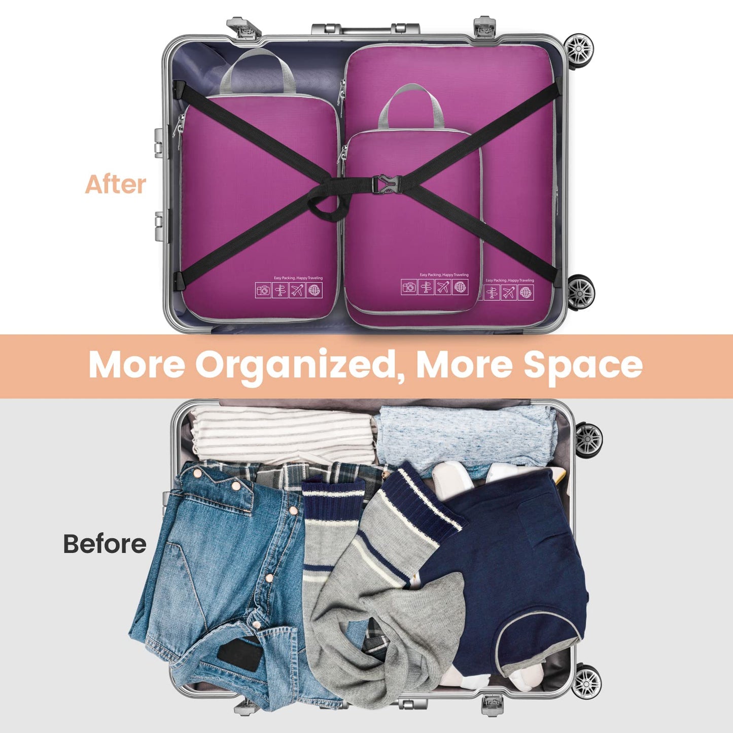 Cambond Compression Packing Cubes for Travel - 4 Pack Lightweight Expandable Luggage Packing Organizers Travel Essentials Accessories Bags Compression Cubes Space Saver for Carry on Suitcases, Purple