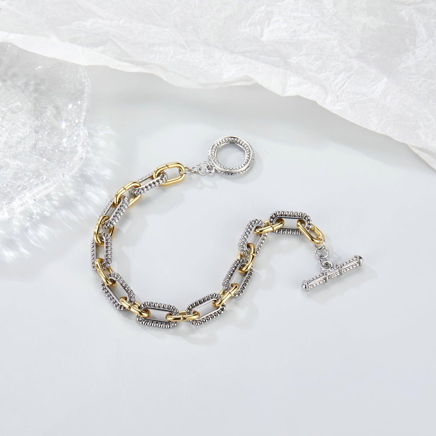 Mytys Link Bracelet for Women Gold and Silver 2 tone Circles Chain Wire Bangle Designer Inspired Bracelets (Gold & Silver 4)