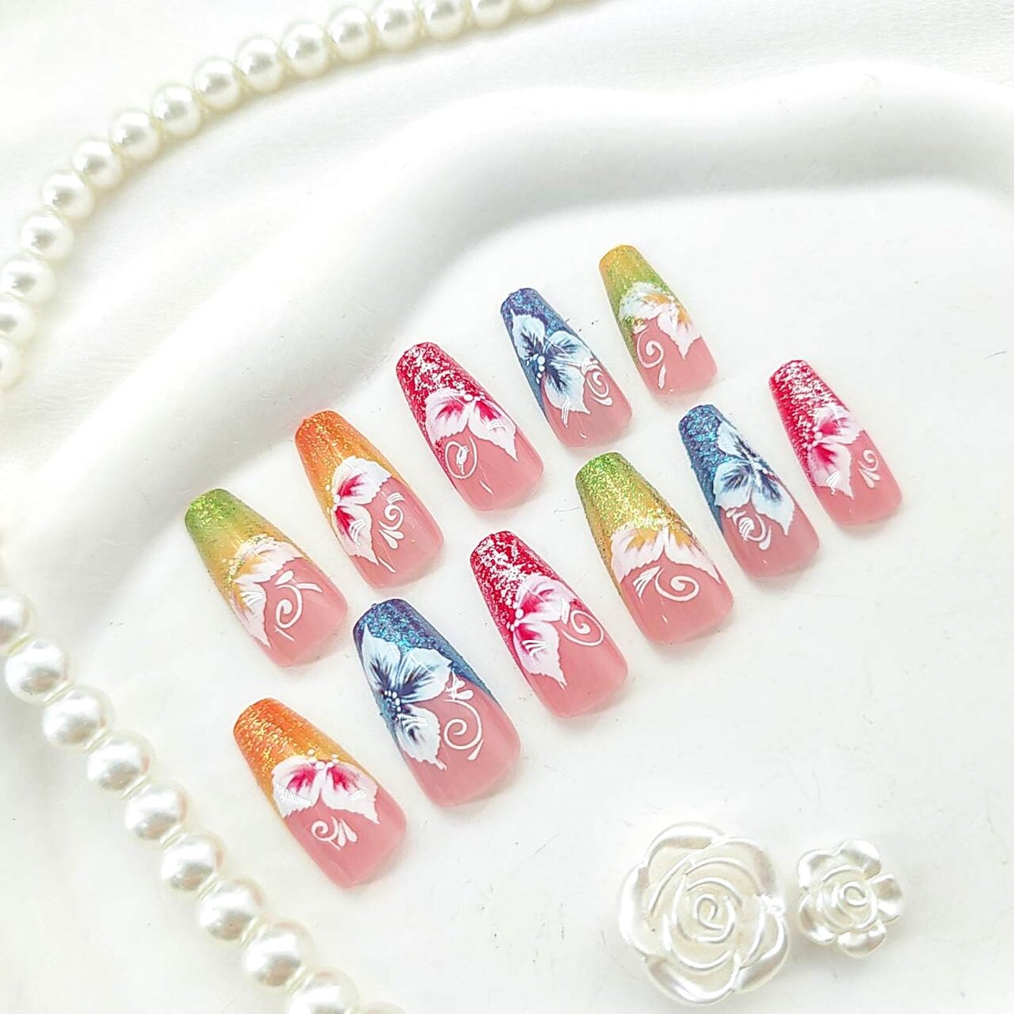 Colorful Press on Nails Coffin Medium Fake Nails with Flower Glitter Designs French Tip Nails Press ons Glossy Glue on Nails Nude False Nails Cute Acrylic Nails Spring Stick on Nails for Women 24Pcs