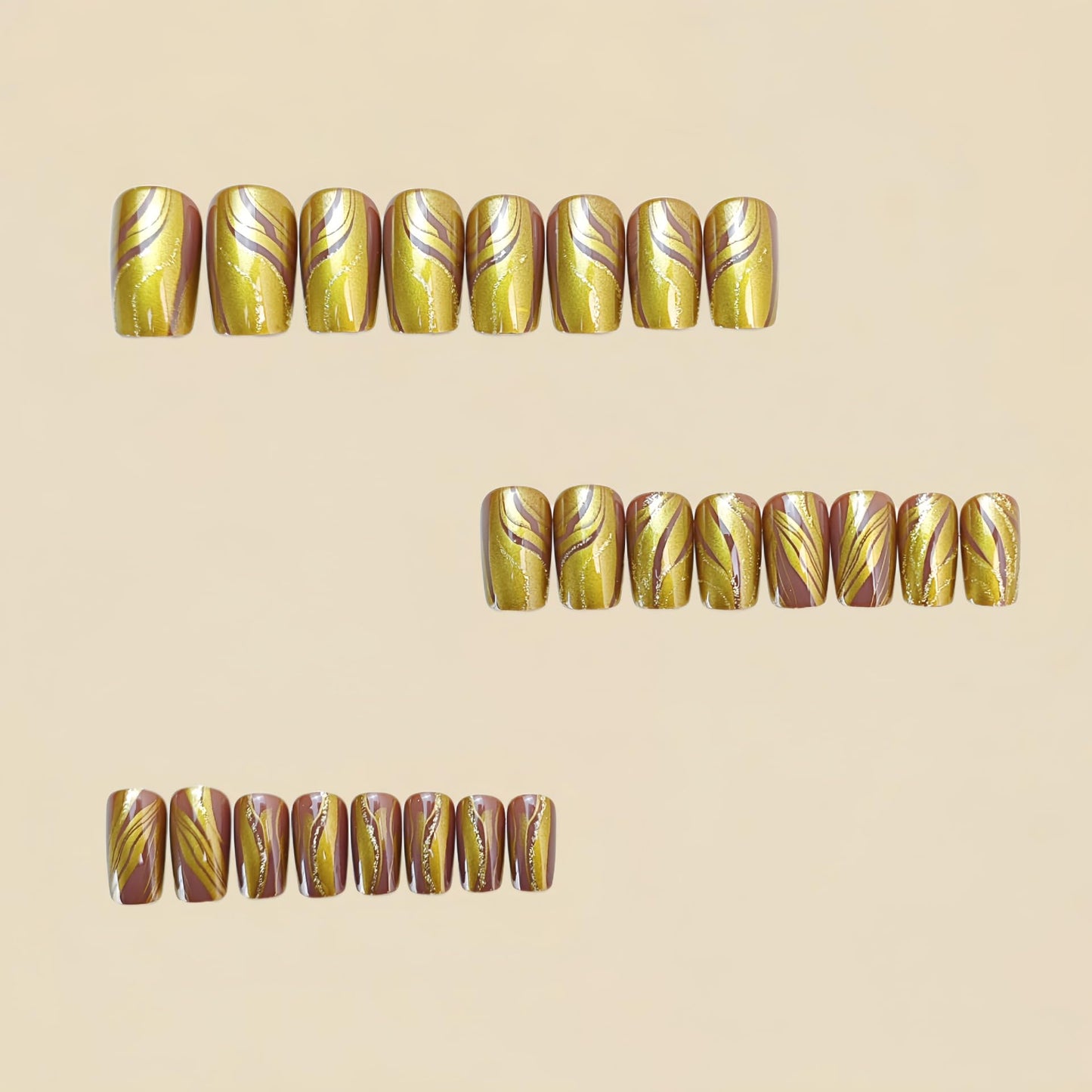 Press on Nails Gold Fake Nails Short Square False Nails Press ons with Designs Gold Line Stripes Acrylic False Nails Glossy Shiny Full Cover Glue on Nail for Women Nail Manicure Decoration 24Pcs