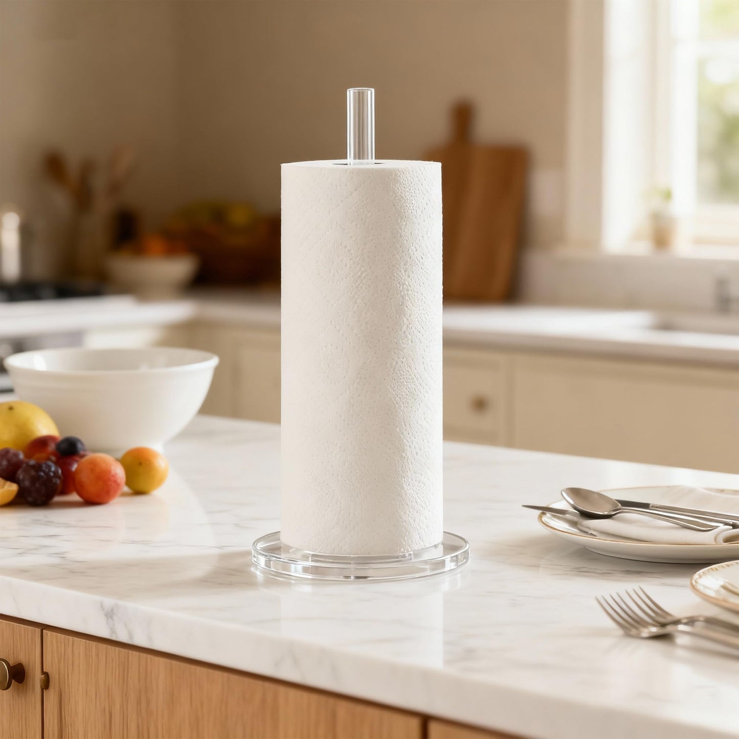 WORHE Paper Towel Holder Countertop Clear Acrylic 5.9" Diameter Thickening Sturdy Base,for Kitchen Bathroom, Paper Towel Dispenser for Tear Tissue Roll 1 Pack (YGC001)