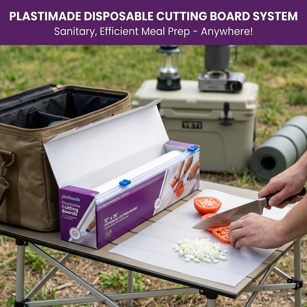 Plastimade Disposable Plastic Cutting Board | Easy To Use Flexible Cutting Board Sheets With Built In Sliding Cutter | For Thanksgiving Cooking Prep, Commercial, Traveling, Tailgating, Camping,