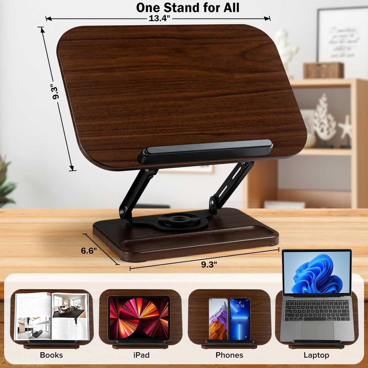 UikJOY Book Stand with Light & Storage, Book Holders for Reading Hands Free, Wooden Cookbook Stand with Adjustable Height & 360 °Angle for Recipe,Magazine,Laptop,Tablet, Bible