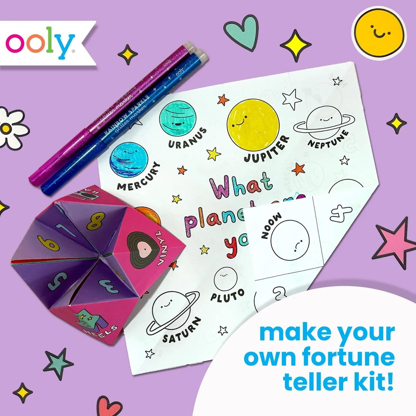 Ooly DIY Paper Kit, 24 Fortune Teller Designs & Stickers, Kit Includes 12 Completed, 6 Blank and 6 Color-in Folding Fortune Teller, Activity Gifts for Kids