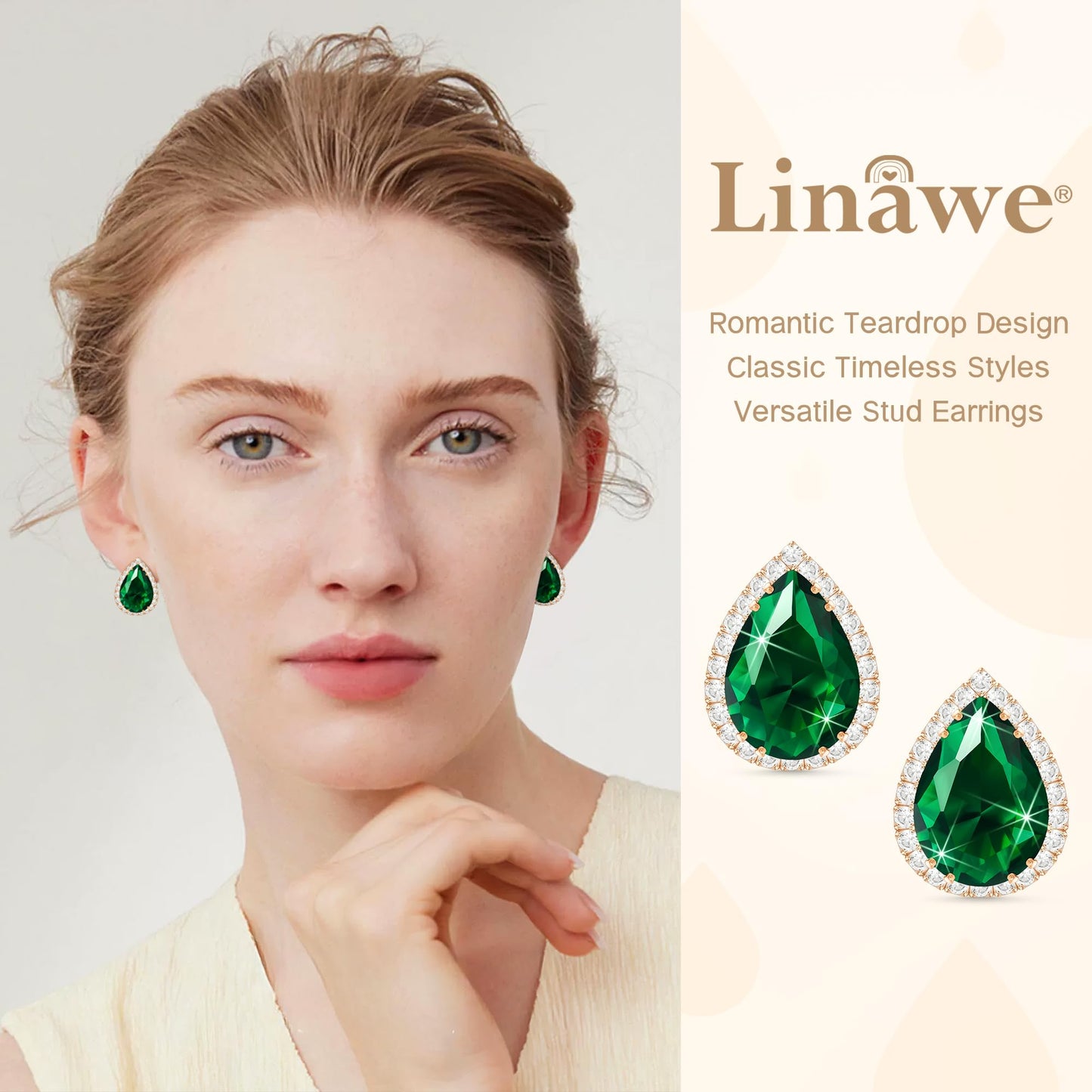 Linawe Emerald Green Imitation Diamond Cubic Zirconia Earrings Studs, Rose Gold Stud Earrings Women, Teardrop Rhinestone Crystal Formal Earring Set, Wedding Bridal Bridesmaid Jewelry