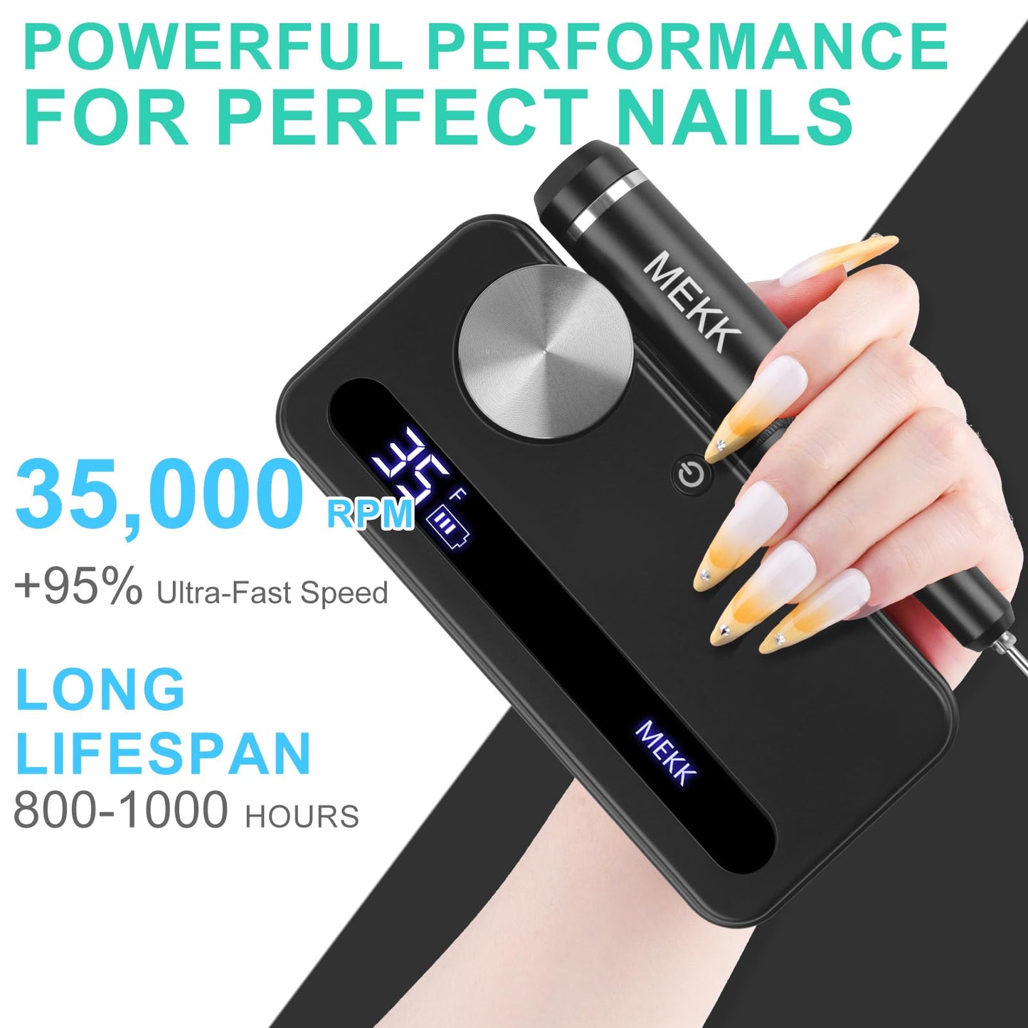 MEKK Nail Drill Kit,35000RPM Electric Nail Drill Professional Electric Nail File with 12PCS Bits,Anti-Shaking Cordless E Filer for Nails with LCD Display,Home & Salon(Black)