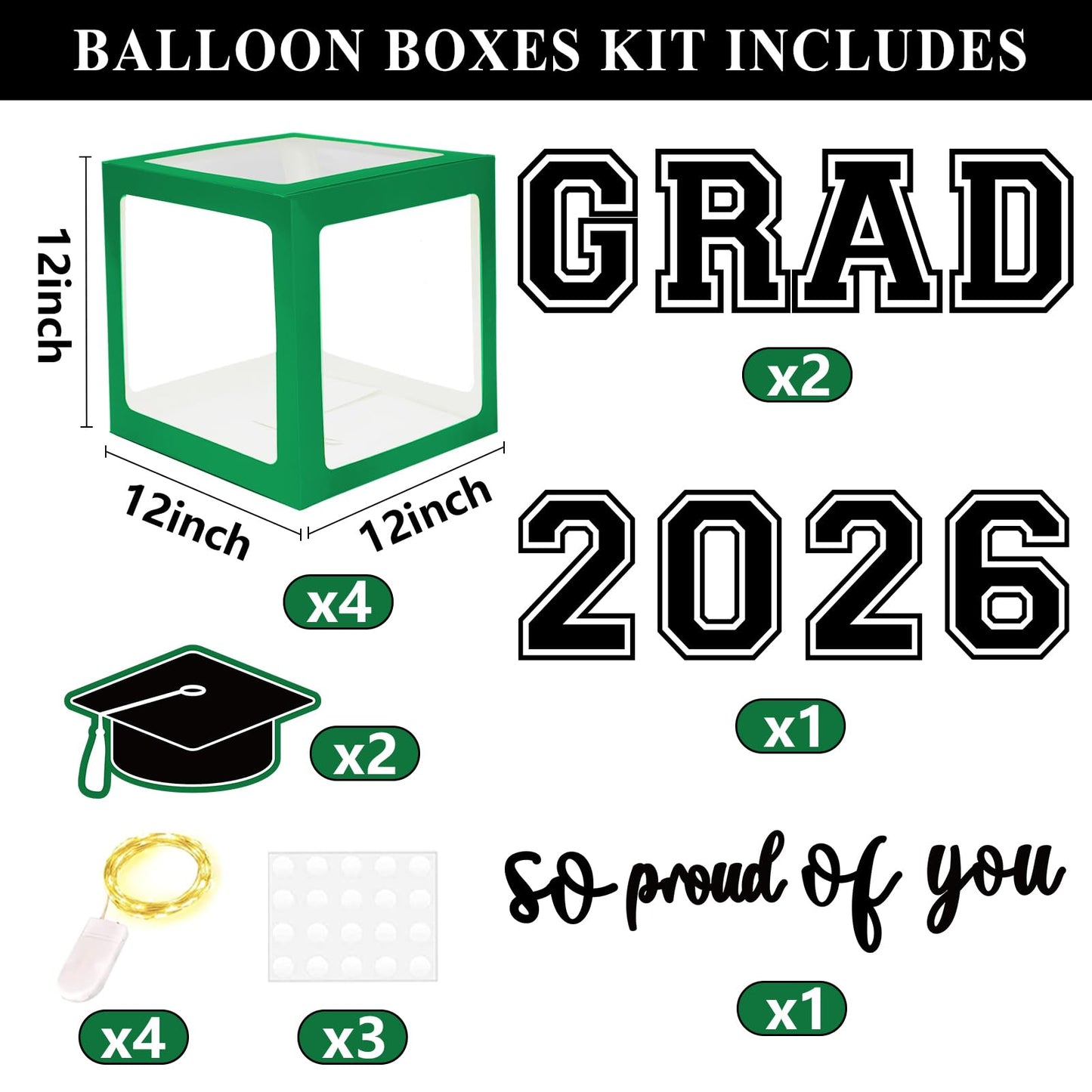 DAZONGE Graduation Decorations 2026, Set of 4 Green Graduation Boxes with 139pcs Balloon Arch Garland Kit & 4 String Lights - So Proud of You Class of 2026 Decorations