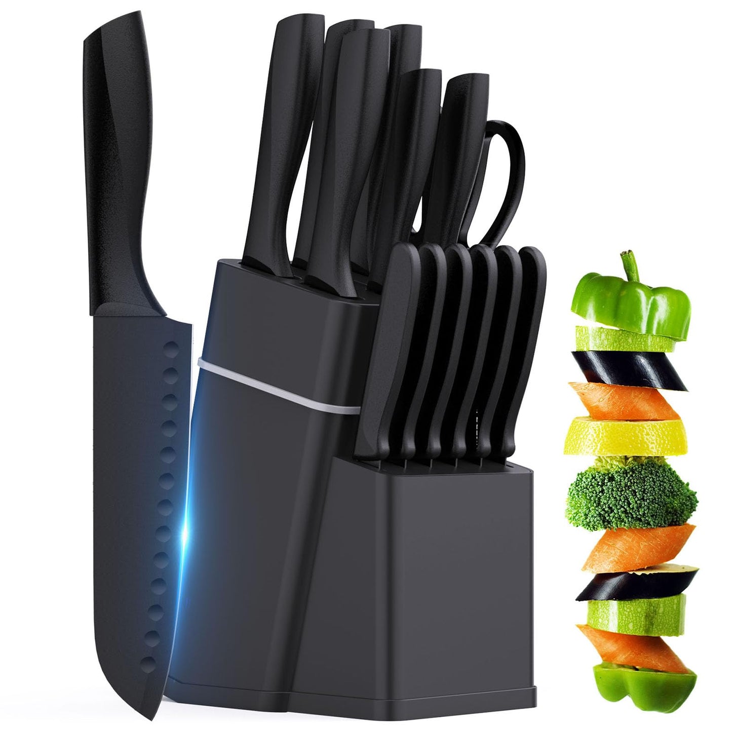Kitchen Knife Set with Block - 15 Pieces Knife Sets with Built-in Sharpener, Dishwasher Safe, Stainless Steel Blades Kitchen Knives