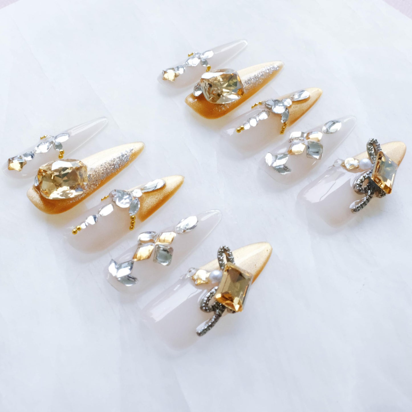 GLORS Luxury Long Stiletto Press-On Nails, Yellow Glitter with 3D Rhinestones and Heart Gems, Handmade False Nail 10 Pieces (Small, LS)