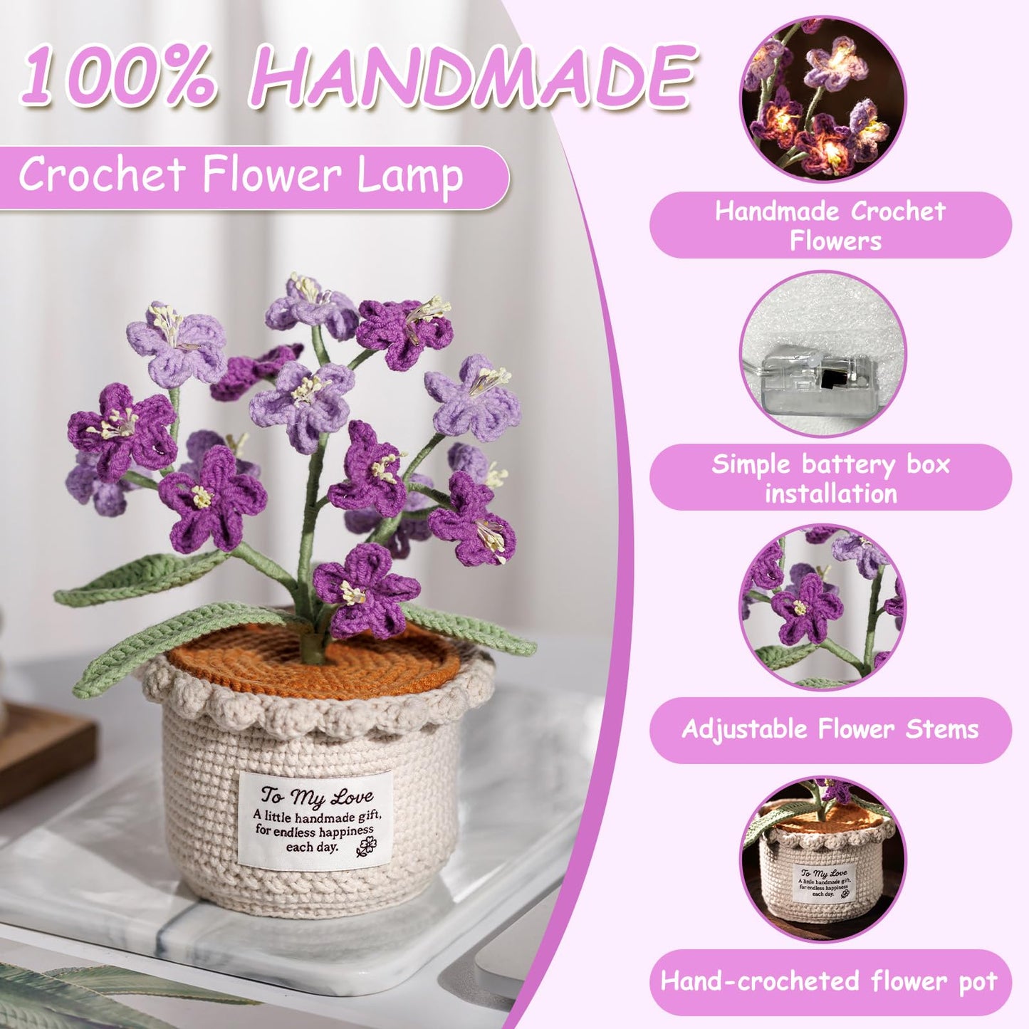 ANZRLE Forget Me Not Flower Lamp - Purple Crochet Artificial Flowers with Night Light, Cordless Table Lamp, Cozy Home Decor Crochet Gifts
