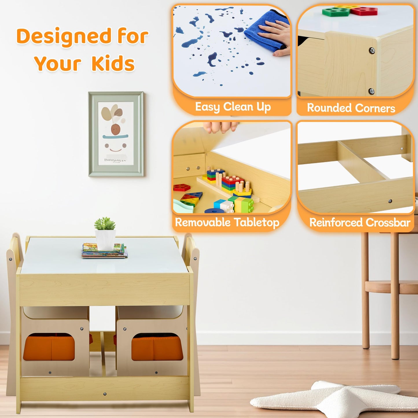 CuFun Kids Table and Chairs Set, 4 in 1 Wooden Kids Table with Reversible Tabletop, Children Activity Table with Removable Tabletop Storage, Toddler Table and Chair Set for Home, Nursery, Playroom