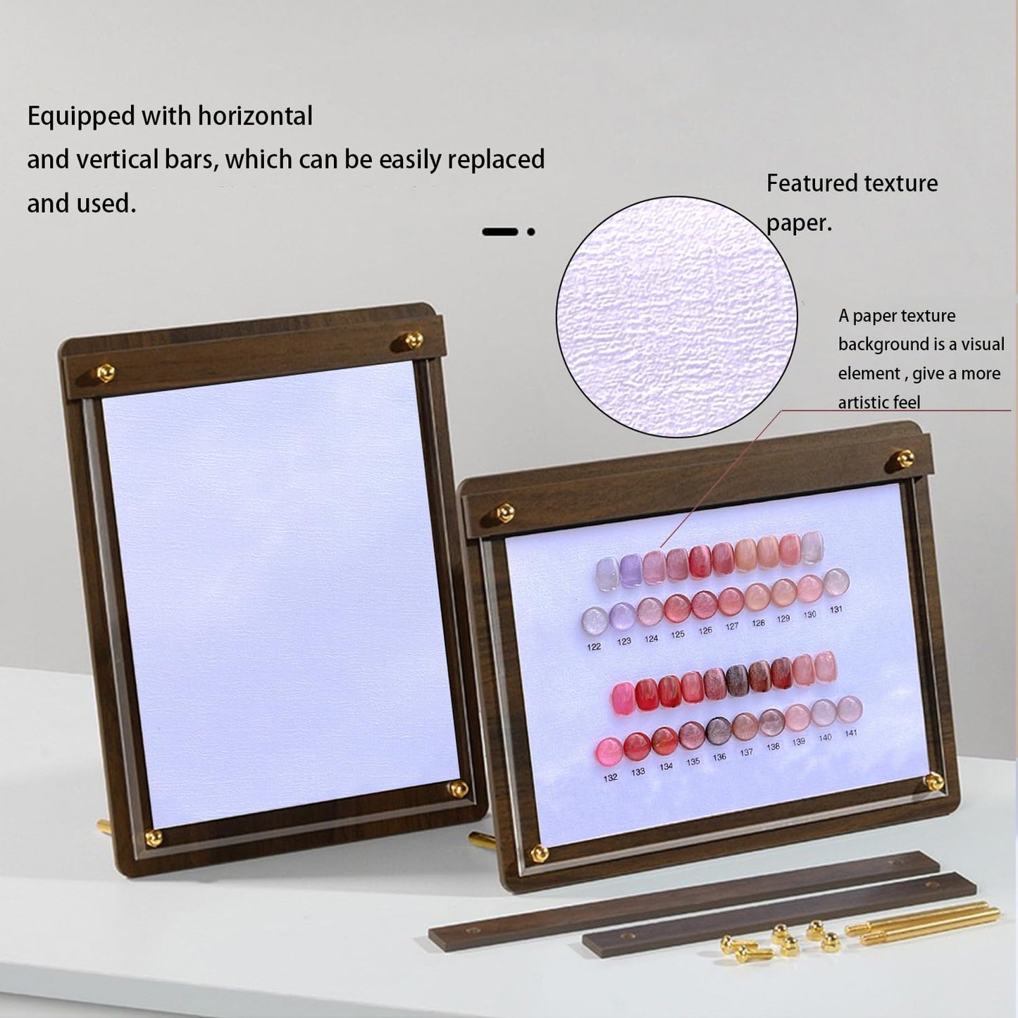 Acycoin2A Walnut Wood Nail Color Display Board Photo Frame Nail Polish Glue Template Color Card with False Nail Tips and Number Sticker