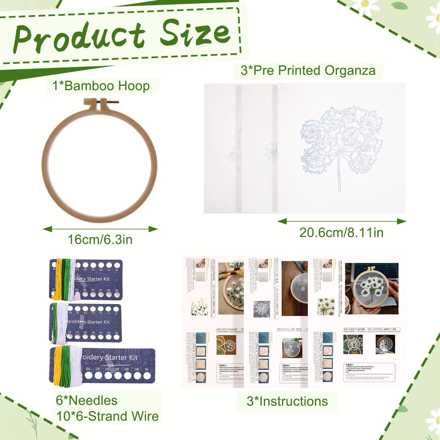 Ovveroche 3 Sets Embroidery Kit for Beginners, Flower Cross Stitch Kits for Adults, Starter, Hand Craft Lover Practice with Floral Stamped Pattern White