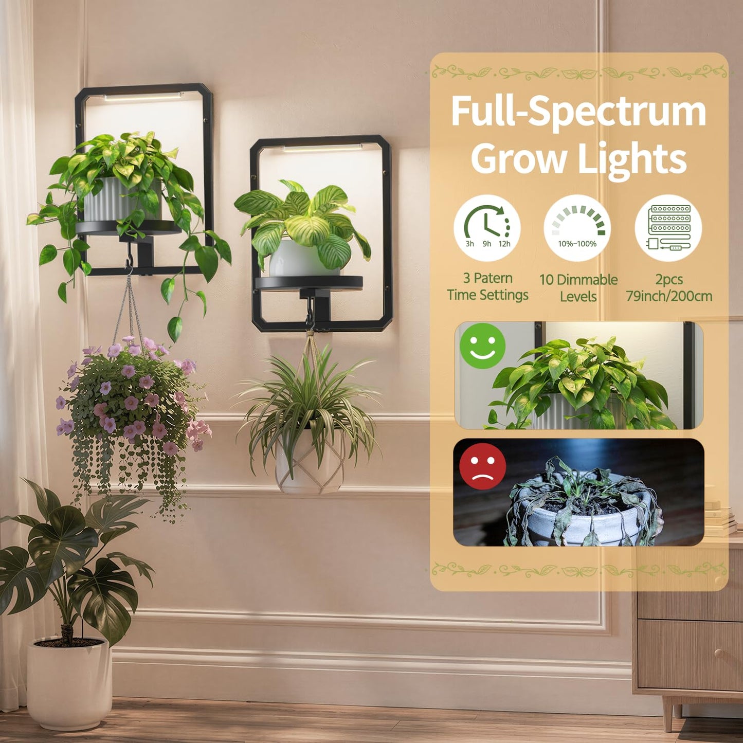 LASZOLA Plant Hangers Holder Wall Mount Indoor Window with 2 Grow Light, 2 Pack Floating Flower Stand Shelf with Hooks, Metal Picture Frame Hanging Planter Display Decor for Kitchen Bathroom, Black