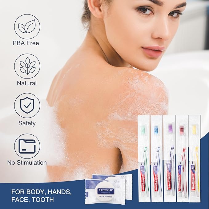 10 Set Disposable Toothbrushes with Toothpaste and Soap Individually Wrapped, 10 pcs Toothbrushes, 5 Colors with 10pcs Bar Soap(0.5 oz)