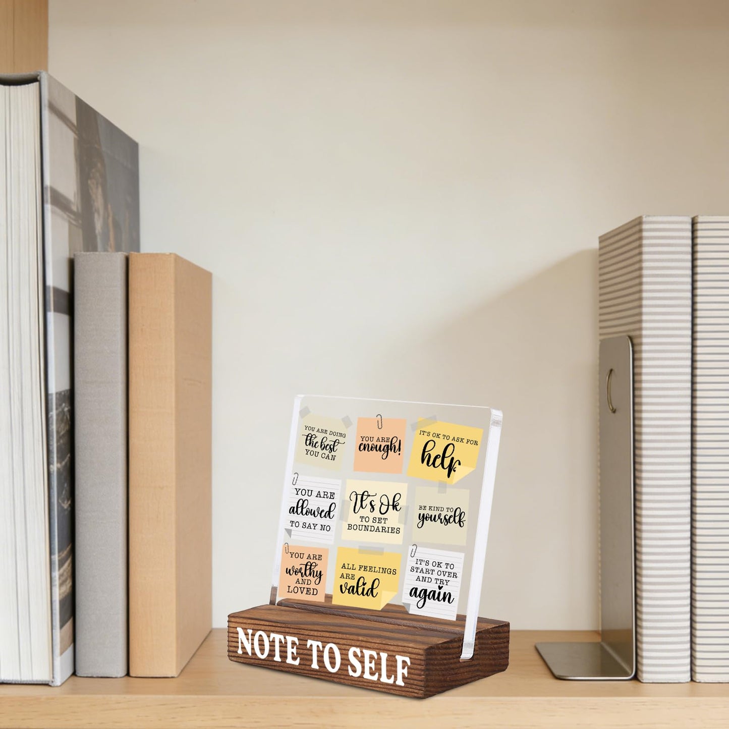 Inspirational Desk Decor with Positive Self Reminder Notes, Acrylic Encouragement Sign with Rustic Wood Base, Motivational Office Desk Gift for Coworker Friend SNOTE11