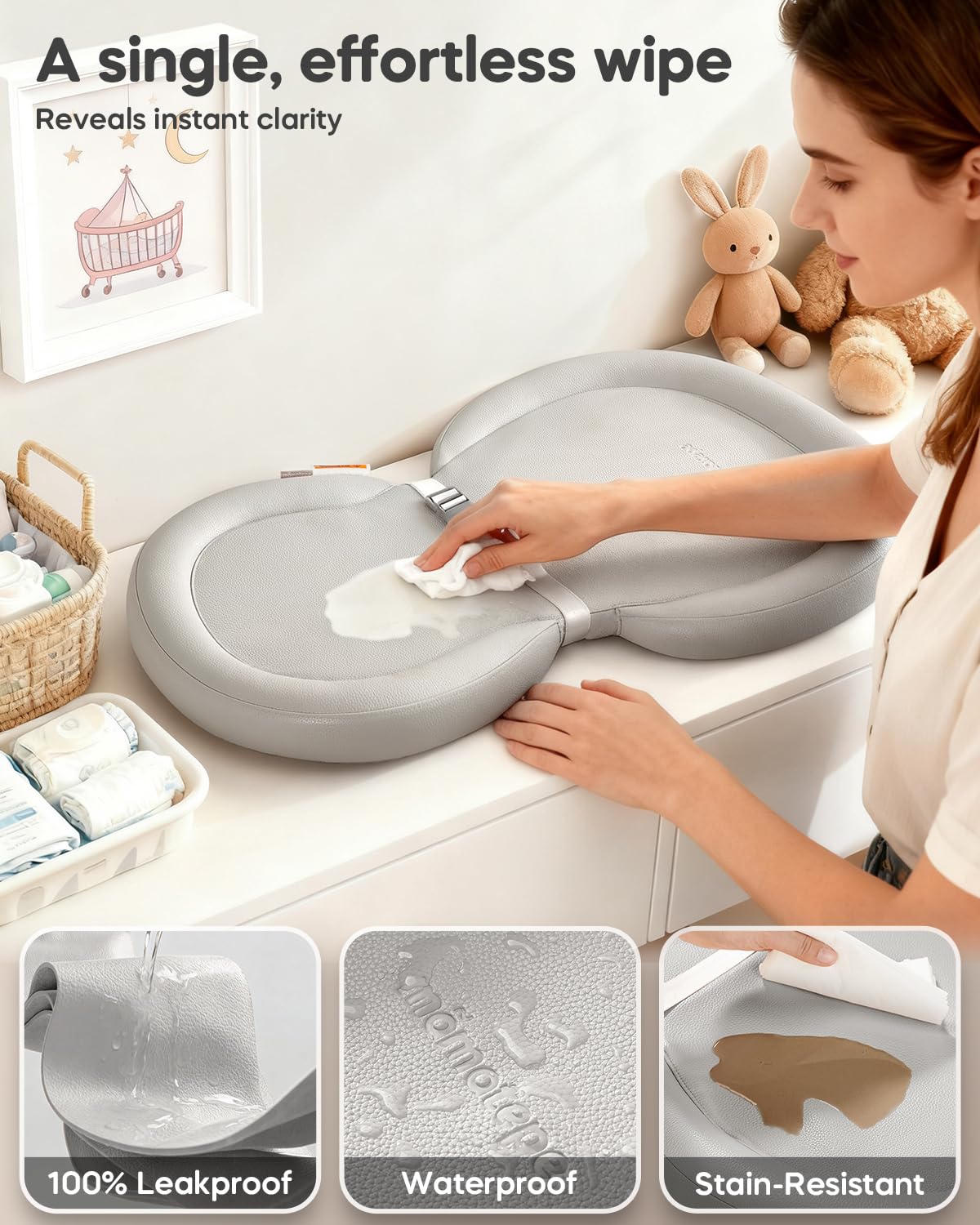 Waterproof Peanut Baby Changing Pad, Foldable Travel On-the-Go for Dresser & Changing Table, Wipe-Clean PU Diaper Pad with Non-Slip & Adjustable Safety Belt, 24"x16", Gray