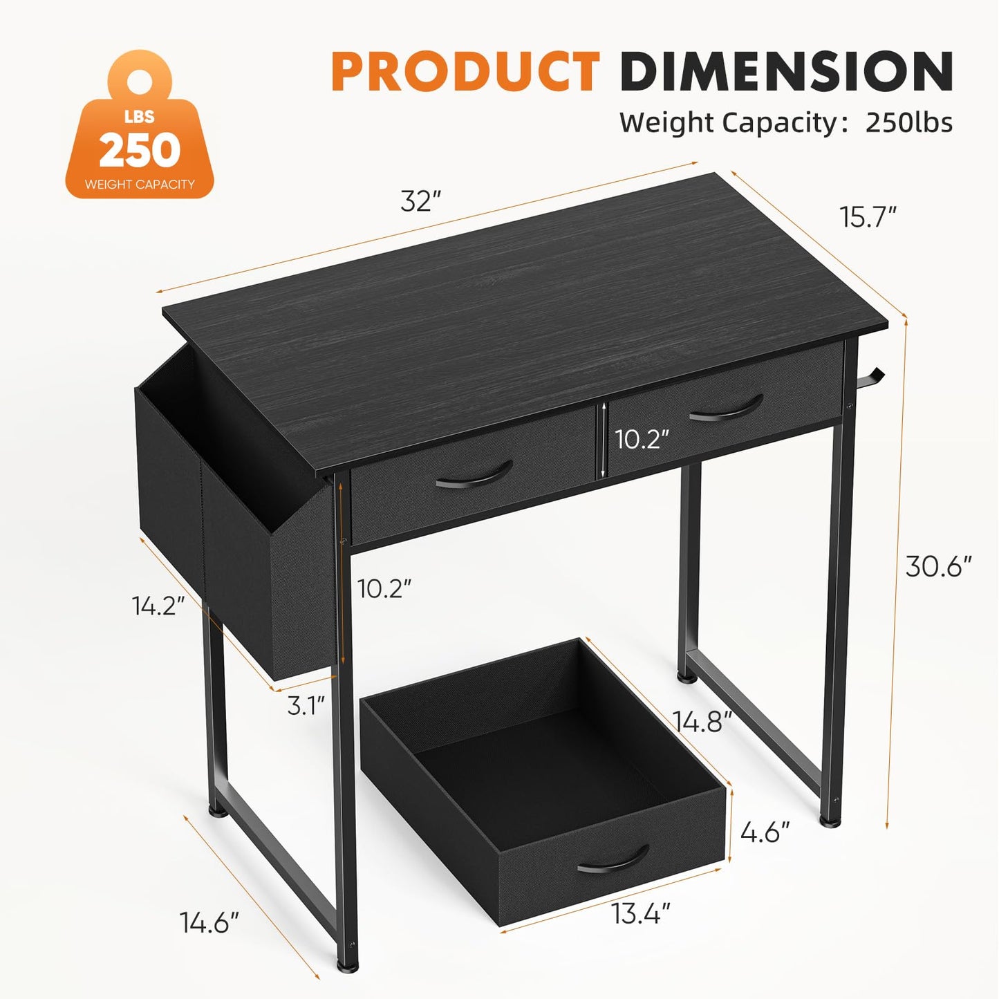 Sweetcrispy Small Desk with Fabric Drawers for Bedroom Home Office, 32 Inch Computer Gaming Desk Writing Study PC Table with Side Bag Headphone Hook Metal Frame Adjustable Feet,Pure Black
