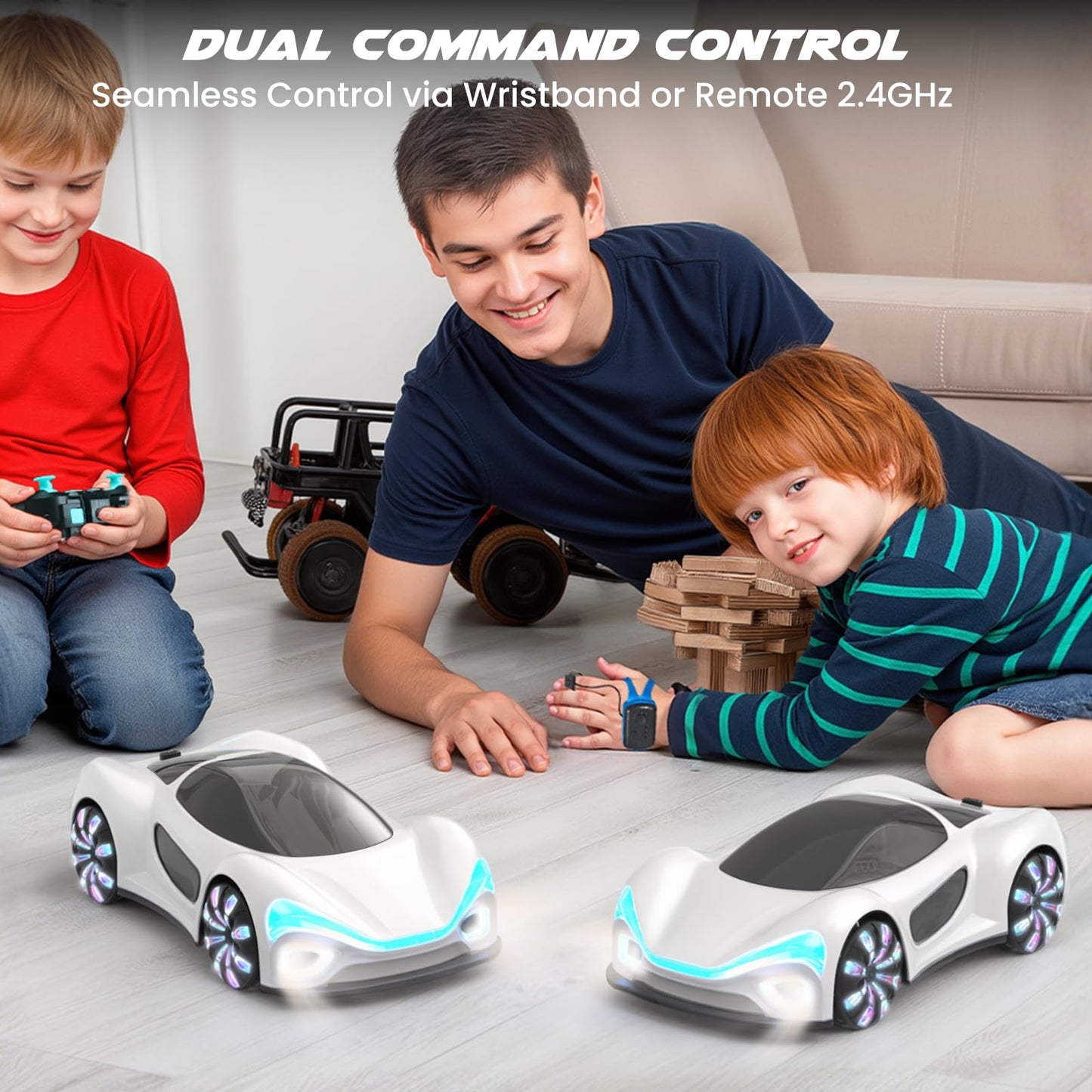 SIMREX Gesture Sensing Remote Control Car with Charging Dock - 360° Rotate Drift RC Stunt Car Toy, 40 Min Playtime, Dual Control, Spray Mist & LED Lights, Birthday Gift for Kids Boys Girls（White）
