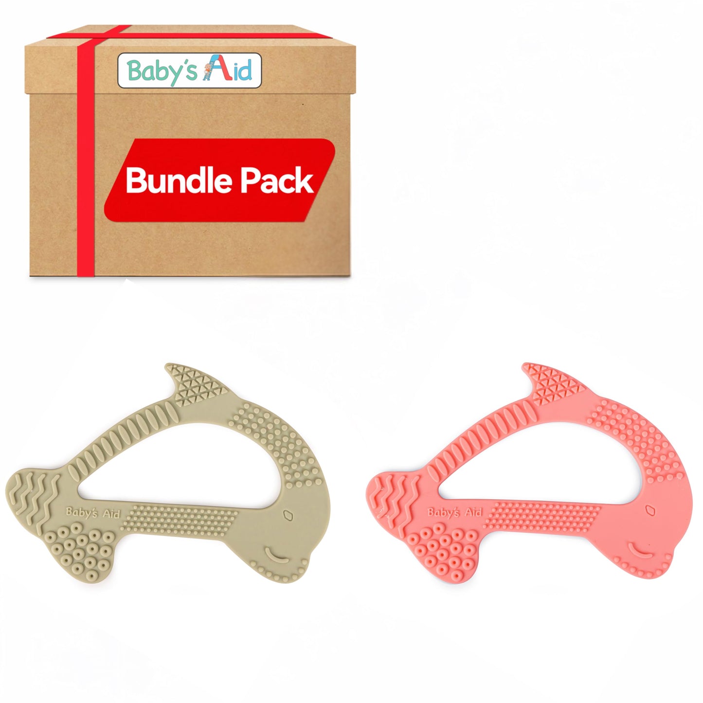 Baby’s Aid Bundle Pack, Two Dolphin Teethers, 100% Food-Grade Silicone (Olive, Bubblegum)