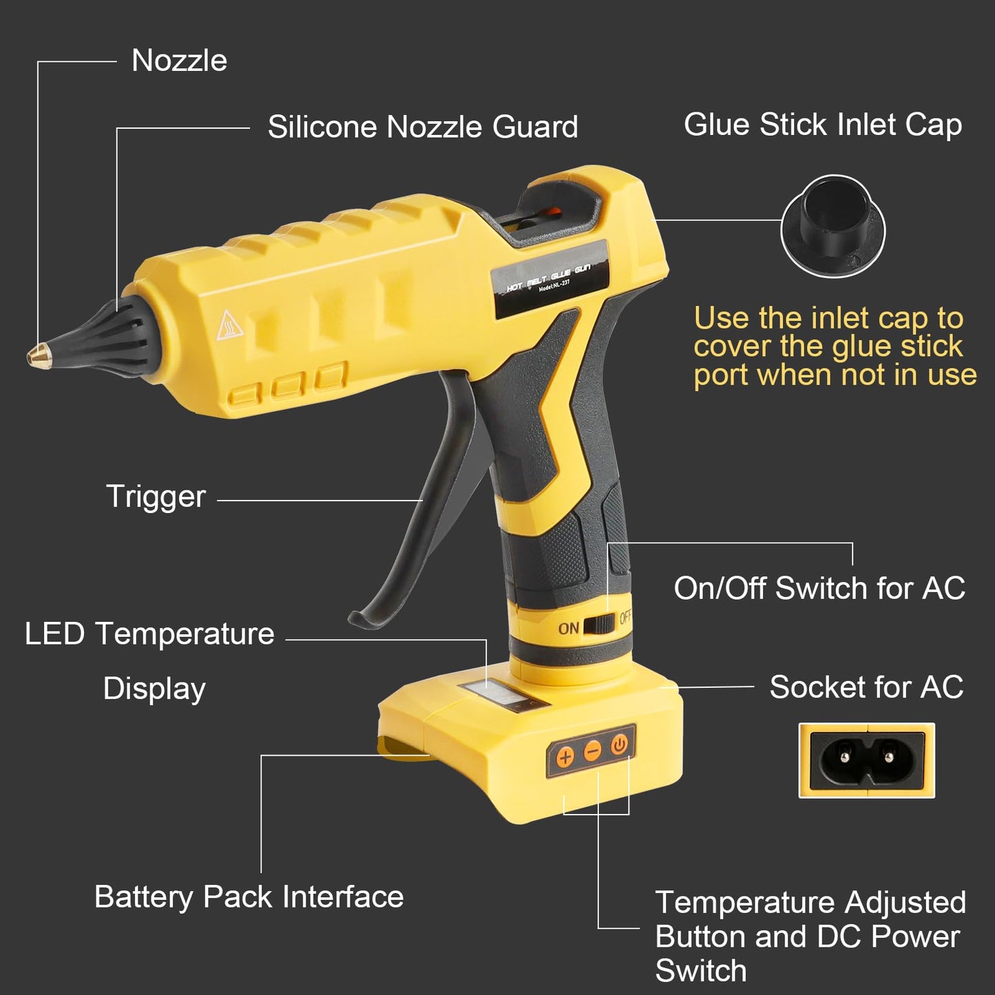 Cordless & Corded 2-in-1 Hot Glue Gun Compatible with Dewalt 20V Battery, 100W Digital LED Temp Adjustable Anti-drip Full Size Glue Gun with 1 replaceable nozzle & Glue Sticks (Battery Not Included)