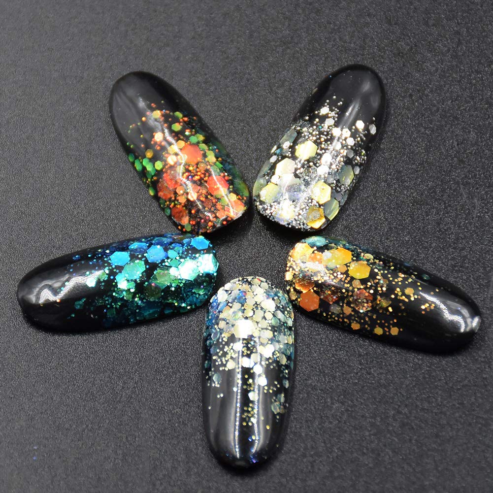 Minejin Nail Glitter Holographic Chunky Flakies Ultra-Thin Iridescent Charming Sequins Powder Tips 12 Jar