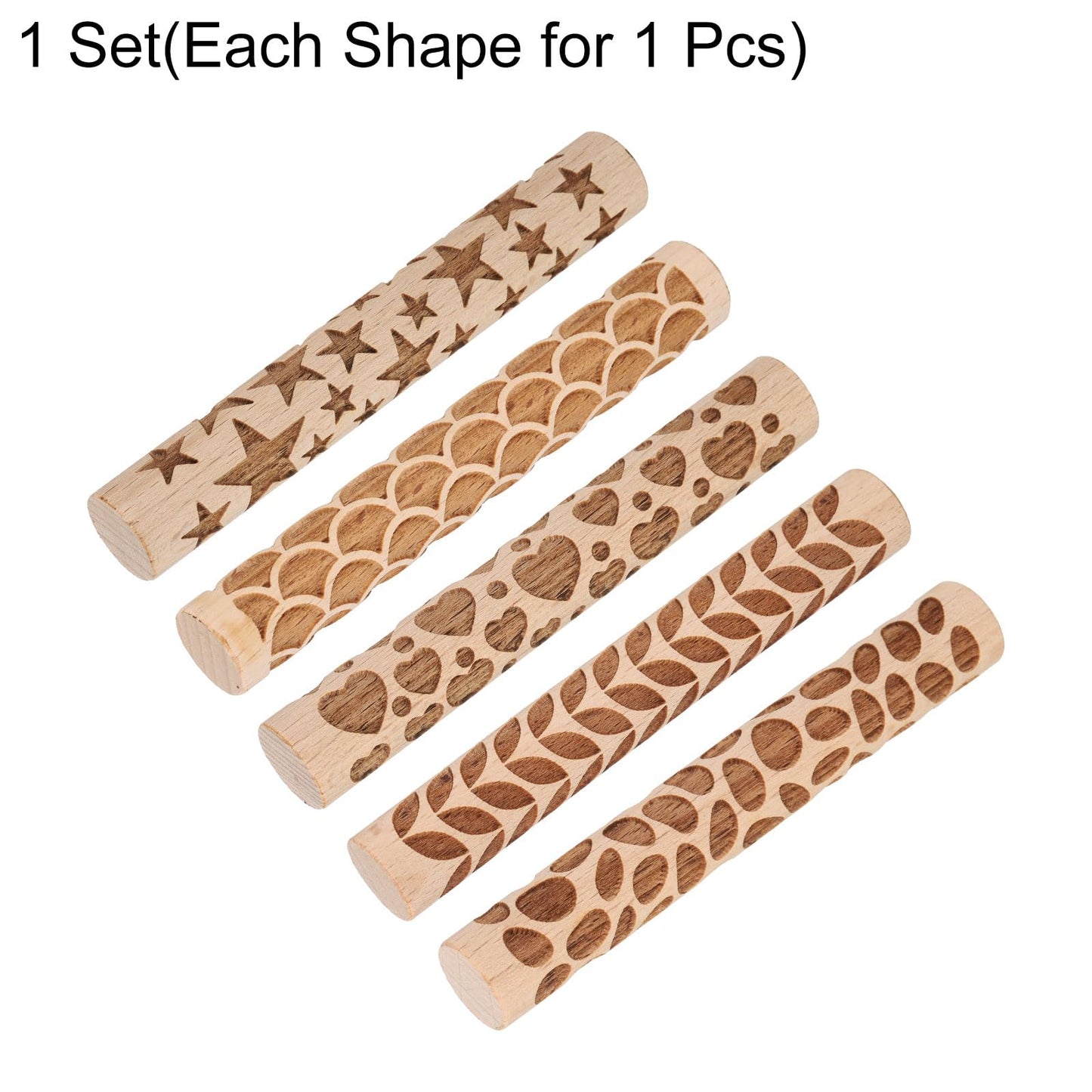 HARFINGTON 5pcs Wood Clay Roller 4" Star Pattern Rolling Pins Wood Rollers Pottery Tools Wood Grain Texture Rollers for Clay Baking Dough Playdough DIY